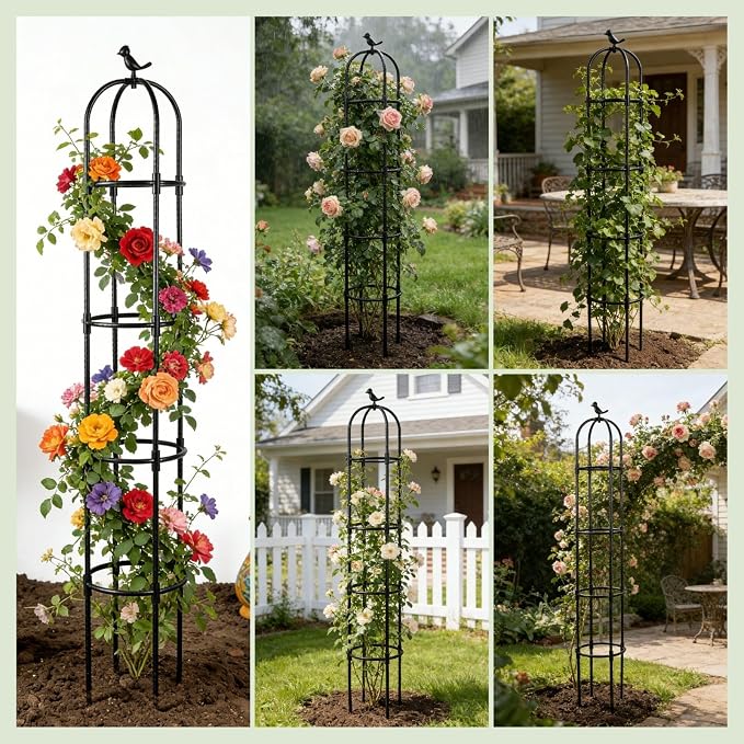 Lancisism Garden Obelisk Trellis for Climbing Plants Outdoor - 6.3 Ft Plant Support Round Trellis for Potted Plants Indoor - Rustproof Plastic Coated Tomato Cage for Vines Flowers Fruits Vegetable
