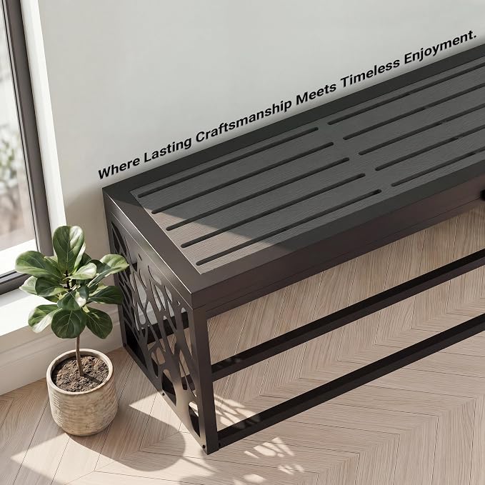 37" Outdoor Garden Bench with Storage Shelf, Modern Black Entryway Bench, Wood-Grain HDPE Seat, Galvanized Steel Frame with Powder Coating for Porch, Yard, Patio, Tree