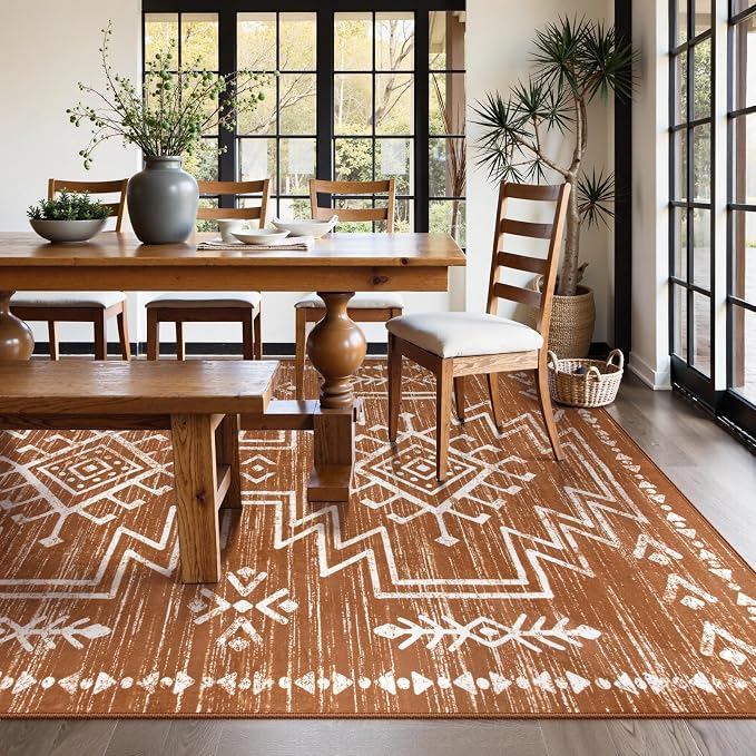 Lahome Vivienne 8x10 Boho Rugs for Living Room, Washable Western Burnt Orange Large Area Rug for Bedroom Dining Room, Soft Stain Resistant Aztec Carpet Fall Rug for Guestroom Office