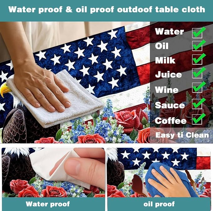 Picnic Table Cover with Bench Covers and Bag, American Flag Eagle Summer Camping Essentials Outdoor Table Covers with Elastic Picnic Waterproof Fitted Tablecloth for RV Picnic Travel 3pcs 60inch