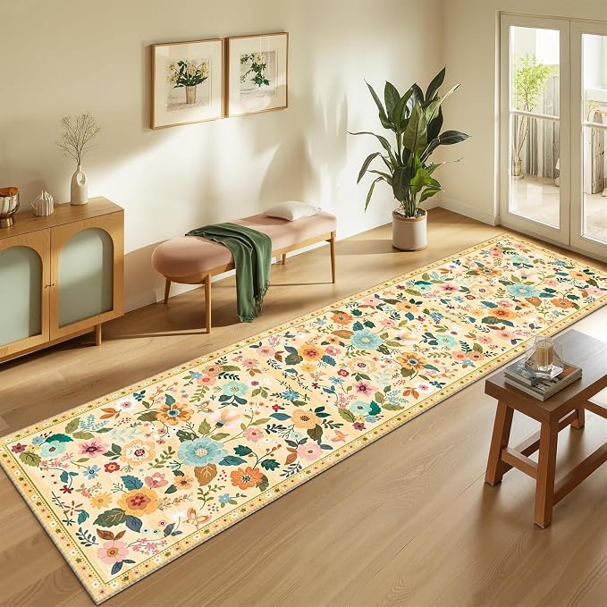 Floral Washable 2x8 Area Rugs Runner Entryway Hallway Yellow/Orange | Flower Carpet, Print, Boho, Non-Slip, Easy to Clean, Low Pile, Soft, for Living Room Bedroom Kitchen Office Entrance