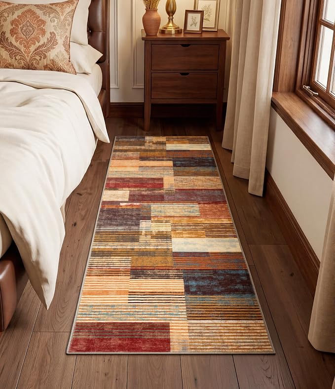 Brown Runner Rug 2x6 for Hallway, Farmhouse Rugs Washable,Vintage Burgundy Carpets,Burnt Orange Area Rug Non Slip,Geometric Boho Rug for Kitchen