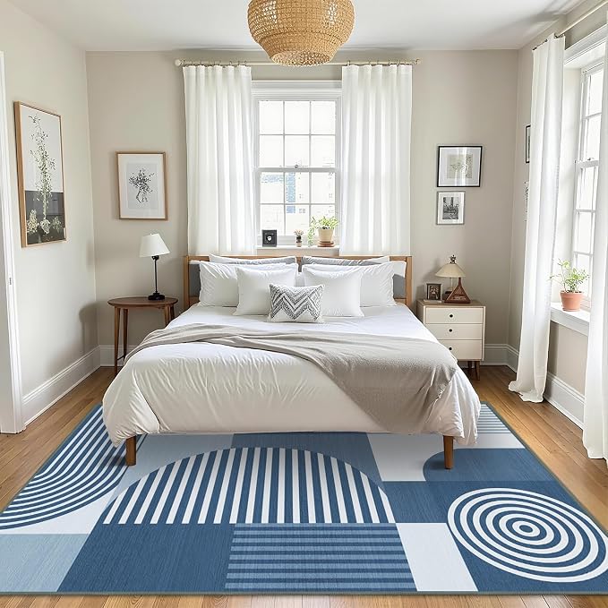 Area Rug 6x9 Living Room Blue Geometric Rug Machine Washable Minimalist Line Mid Century Modern Area Rugs Non Slip Low Pile Large Dining Room Indoor Floor Carpet for Bedroom Office,Blue
