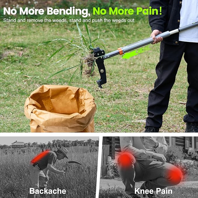 GASREKV Weed Puller Tool, 4-Claw Steel Head Stand Up Weeder, 39"-46" Adjustable Handle & Easy Eject, Root Weed Remover for Dandelion, Thistle & Crabgrass, No Bending
