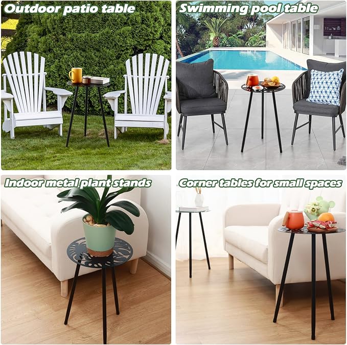 1 Pack Metal Outdoor Side Tables Small Outside Round End Table for Patio Modern Accent Garden Corner Table for Small Spaces, Balcony, Porch, Weather-Resistant, Plant Stand Indoor, Black