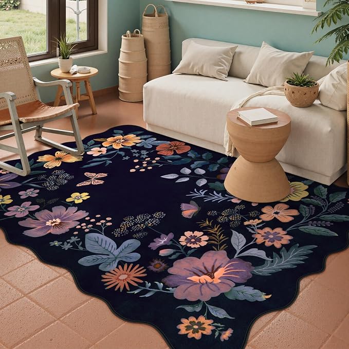 Lahome Floral Washable Rugs for Bedroom, 4X6 Area Rug Soft Living Room Rug | Ultra-Thin Non-Slip Classroom Rug Stain Resistant Boho Low-Pile Throw Carpet for Office Flore (4x6ft, Purple)
