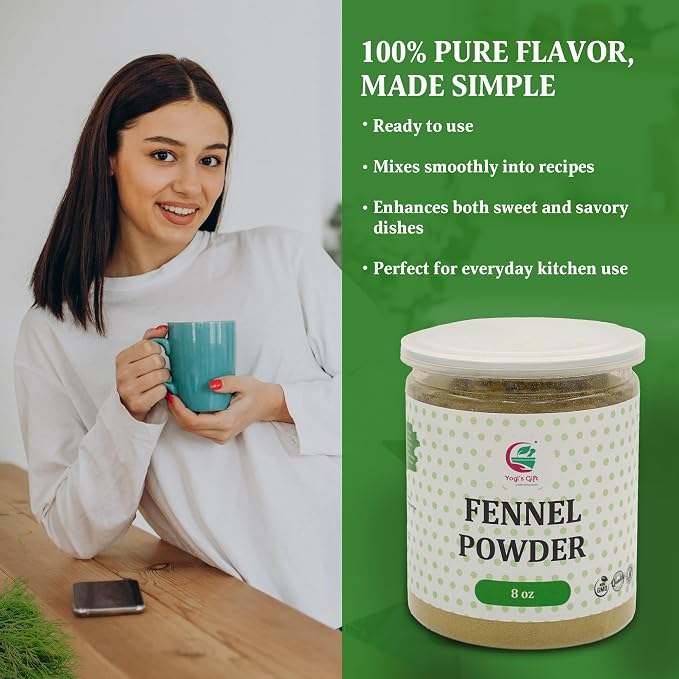 Fennel Seed Powder 8 oz – Finely Ground Sweet & Aromatic Fennel for Cooking, Herbal Tea & Baking – Smooth Texture, Easy Blending Spice – Yogi’s Gift®