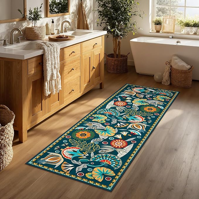 Joydeco Egypt Floral Boho 2x6 Washable Kitchen Hallway Bathroom Rug Runner | Dark Green Botanical Colorful Non Slip Stain Resistant Low Pile Flower Indoor Carpet Runner for Entryway Laundry Room Bedroom