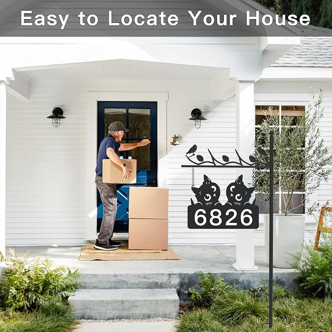 Metal Address Sign for Houses, House Numbers for Outside, Double-Sided Reflective Home Address Sign For Yard, Mailbox Decor Numbers, Address Plaques for High Visibility (Black Cat)