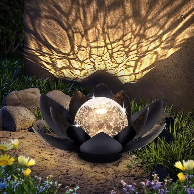Huaxu Solar Lights Outdoor Garden Decor Metal Black Lotus Decoration, Crackle Globe Glass Waterproof LED Outside Table Lamp for Patio,Lawn, Yard,Walkway,Tabletop,Ground Gifts for Mom