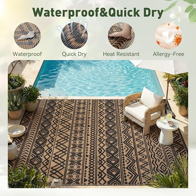 MontVoo-Outdoor Rug Carpet Waterproof 5x8 ft Reversible Patio Rug RV Camping Rugs Plastic Straw Outside Indoor Outdoor Area Rugs for Patio Deck Balcony Picnic Beach Outdoor Decor Boho Black Brown