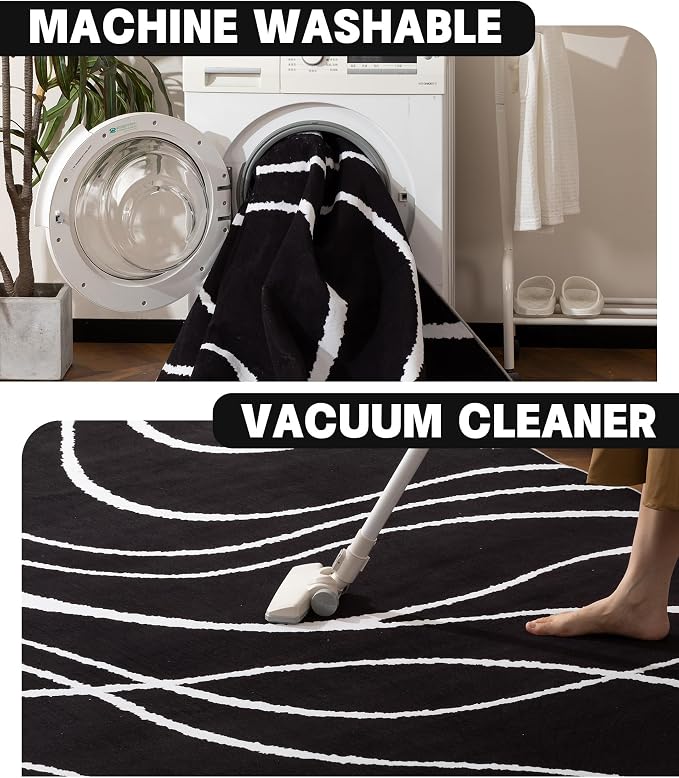 Black Modern Area Rug 6x9,Abstract Rugs for Bedroom,Black and White Geometric Rug,Minimalist Striped Rug,Dark Washable Area Rugs 5x7 Non Slip Rugs for Living Room，Office