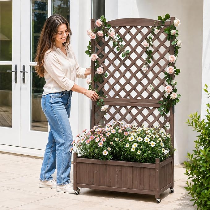 Trellis Raised Garden Bed with Wheels Trellis for Climbing Plants Outdoor | 63"H × 36"W × 17.5"D Tall Lattice Privacy Screen with Drainage Holes