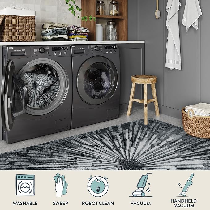 Lahome Manon Black 8x10 Rugs for Living Room, Modern Area Rugs Low Pile Soft Bedroom Rug, Washable Abstract Dining Room Rug Large Floor Carpet for Kids Playroom Nursery