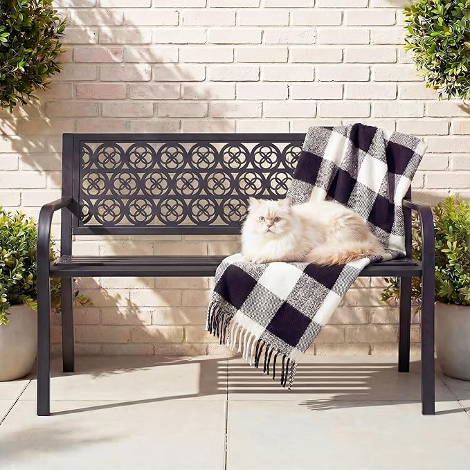 44" Outdoor Garden Bench, Iron Metal Frame Patio Bench with Backrest and Armrests, Weatherproof Anti-Rust Outdoor Bench for Front Porch, Park, Yard, Patio (411-Black)
