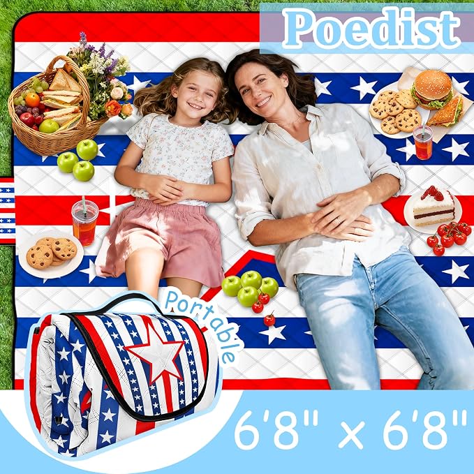 Poedist Extra Large Picnic Blanket Waterproof,80"x 80"Foldable Machine Washable Beach Blanket,Outdoor Blanket for 6-8 Adults, for Indoor Crawling,Park Beach,Camping,Hiking,Family Travel(Patriotism)