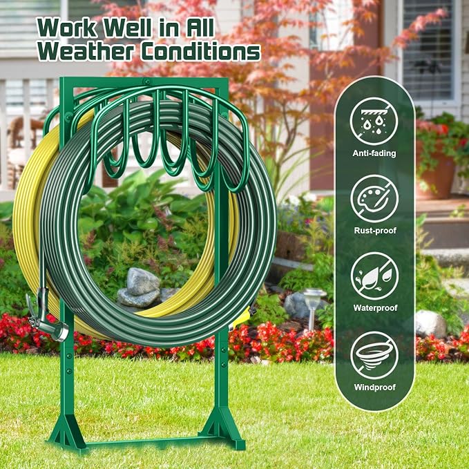 HeroicLion Garden Hose Holder Holds 2 x 151FT Hoses, Heavy-Duty Metal Freestanding Hose Stand with Stable Base, Rustproof Water Hose Holders for Outside Yard Lawn Farm, Green