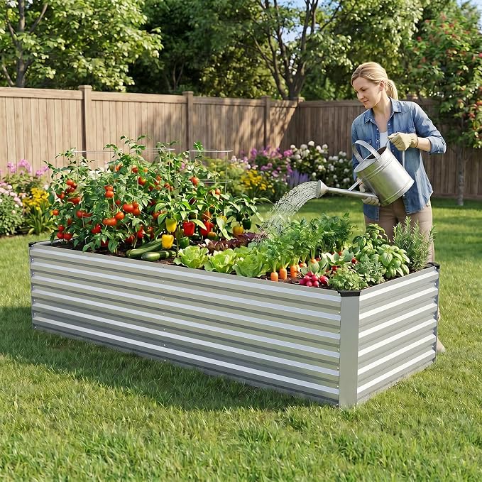 INNO STAGE 8x3x2ft Galvanized Raised Garden Bed, Raised Garden Bed Kit-Metal Planter Box Outdoor, Planting for Vegetables, Fruits, Herbs, Flowers, Silver