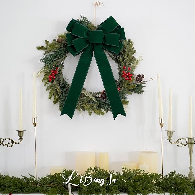 13" Green Pre-Tied Bow for Christmas Tree, Dark Green Velvet Ribbon Bow for Wreaths, Tree Toppers, Premade Gift Bows for Party Favor, Christmas Home Indoor Outdoor Decor-1 Counts