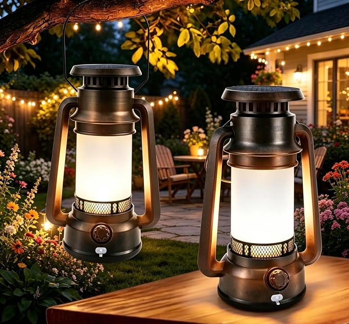 Toodour Solar Lantern Outdoor Lights, 2 Pack Vintage Solar Camping Lantern with 2 Modes, Dual Charging Solar/USB Waterproof Hanging Solar Light for Camping Patio Garden Yard Porch Outdoor Indoor Decor