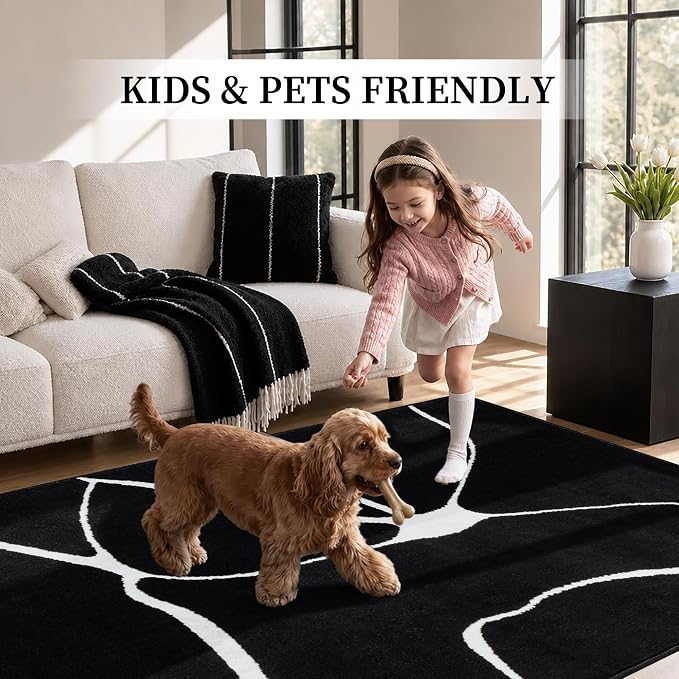 8x10 Washable Modern Abstract Black White Area Rug | Ultra-Thin Low Pile, Non-Slip TPE Backing, Soft Stain Resistant, Machine Washable, for Bedroom Livingroom High Traffic