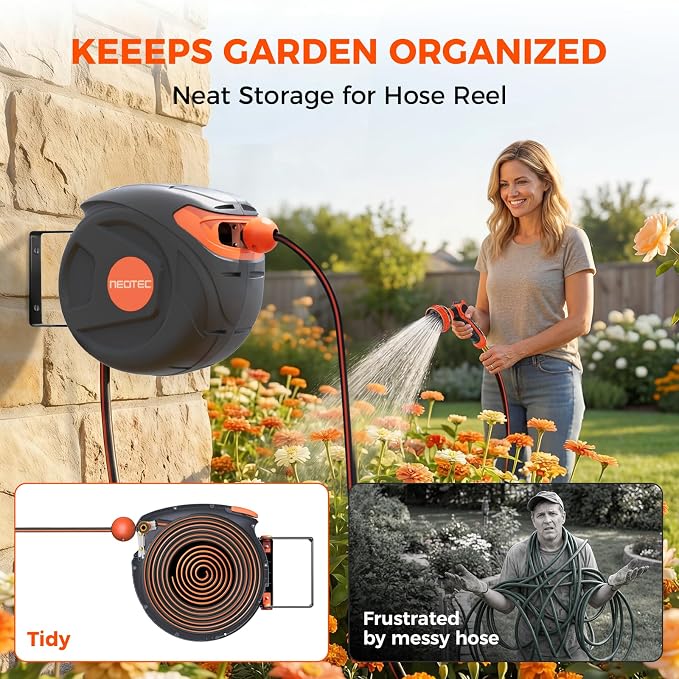 Outdoor Retractable Garden Hose Reel 1/2" x 50ft, Any Length Lock, 9 Pattern Nozzle, Wall Mounted, Automatic Slow Return, 180° Swivel, UV Resistant Heavy Duty