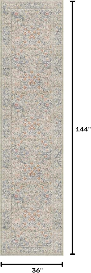 Vintage Beige Blue 3x12 Runner Rug for Hallway, Kitchen, Bathroom, Entryway Indoor, Washable Non Slip Rubber Backing Stain Resistant - Botanical Home Decor