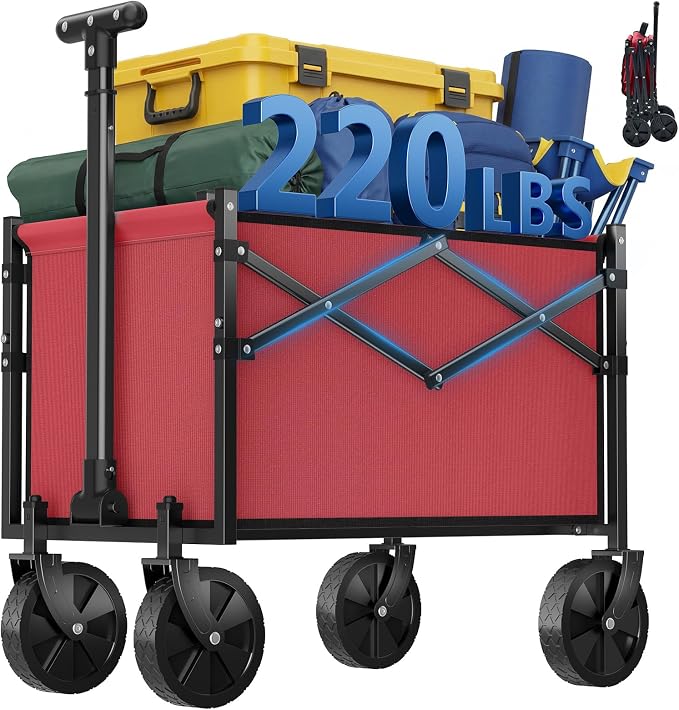DUMOS Collapsible Wagon with Wheels, 220LBS Wagons Carts Foldable Small Wagon Cart with Flexible Handle, Lightweight Portable Folding Utility Grocery Shopping Cart for Sports Garden Camping, Red