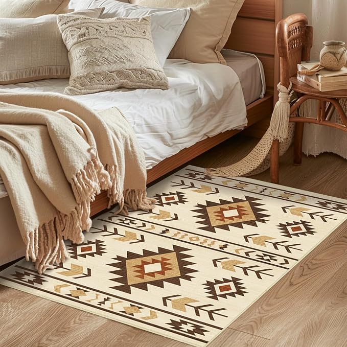 Western Rug 2x3 for Entryway Indoor Mat, Southwestern Aztec Tribal Rugs Southwest Navajo Machine Washable Entrance Rug Non-Slip Printed Low-Pile Entry Floor Carpet Doormat for Bedroom Bathroom, Camel