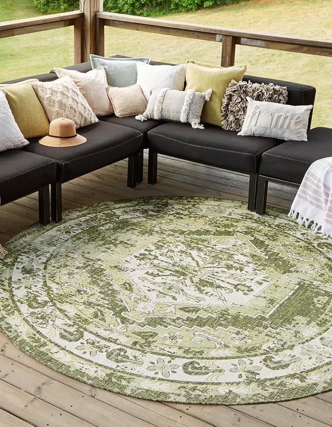 Unique Loom Outdoor Traditional Collection Area Rug - Valeria (5' 3" Round, Green/ Light Green)