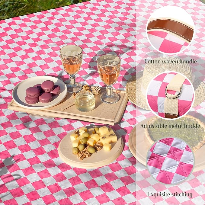 Nuanchu Checkered Picnic Blanket Extra Large Outdoor Blanket Sandproof 80"x80" Waterproof Portable Machine Washable 3 Layer Thick Gingham Picnic Mat for Beach Camping Park Grass Travel(Bright Pink)