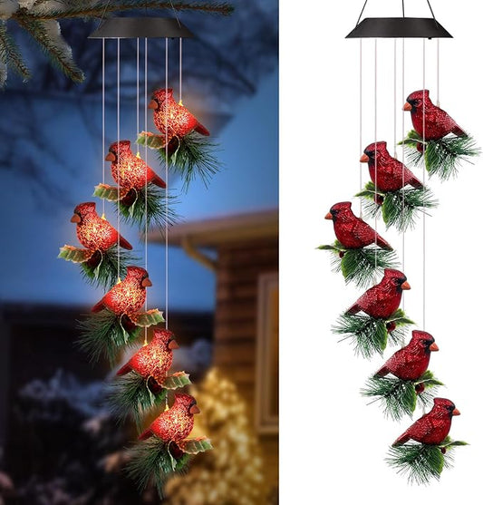 Solar Cardinal Wind Chimes for Outside,Red Bird Danglers Mobile Lights,Waterproof Hanging Outdoor Christmas Decor for Garden Patio Yard