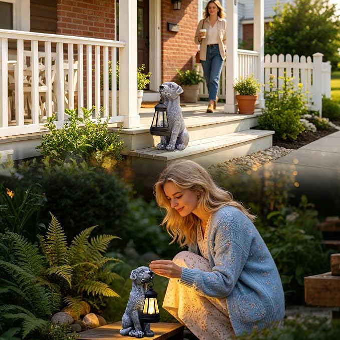 Goodeco Dog Statue with Solar Lantern - Cute Garden Dog Figurines | Weather-resistant resin for patio, yard & pathway, great gift for dog lovers, mom, grandma & pet memorial