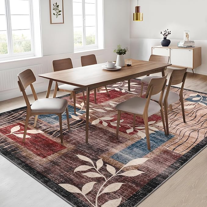 GarveeHome Area Rug 5x7 Washable Geometric Bedroom Rug, Floral Print Faux Wool Modern Checkered Rug Soft Stain Resistant Non-Slip Accent Carpet for Living Room Dining Room Office 5x7