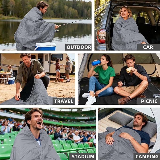 Large Waterproof Outdoor Blanket Thick Fleece 80" x 58" | Windproof Stadium Blanket, Wearable Poncho, Machine Washable for Camping, Car, Pet, Picnics - Starry Gray