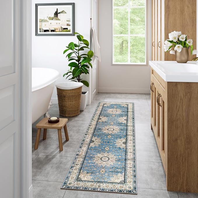 Lahome Felice Oriental Floral Medallion Runner Rug - 2x8 Runners for hallways Bathroom Mat, Non-Slip Washable Indoor Entryway Floor Carpet Runner for Hall Kitchen Foyer Front Door