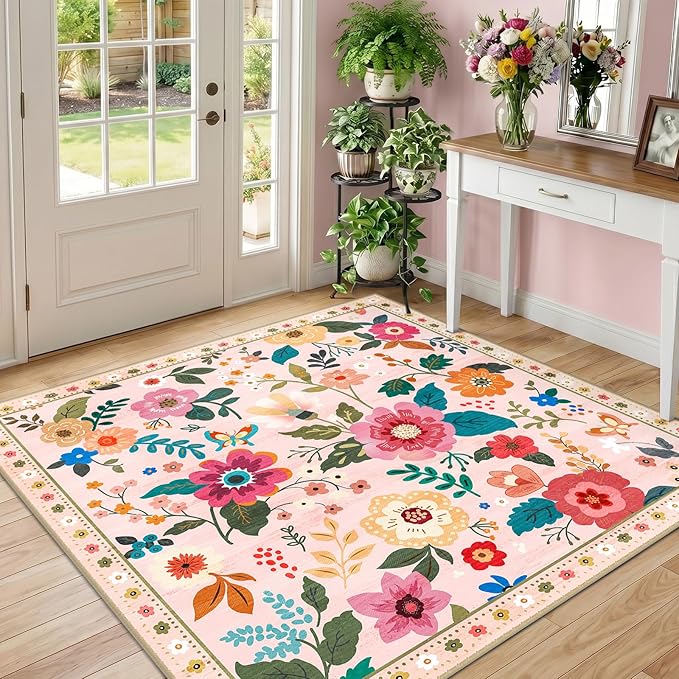 RELEANY Floral Washable Square 5ft Area Rug Pink | Flower Carpet, Print, Boho, Non-Slip, Easy to Clean, Soft, Low Pile for Living Room Bedroom Kitchen Office Entryway Hallway