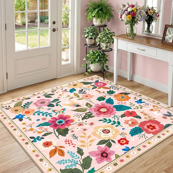 RELEANY Floral Washable Square 4ft Area Rug Pink | Flower Carpet, Print, Boho, Non-Slip, Easy to Clean, Soft, Low Pile for Living Room Bedroom Kitchen Office Entryway Hallway