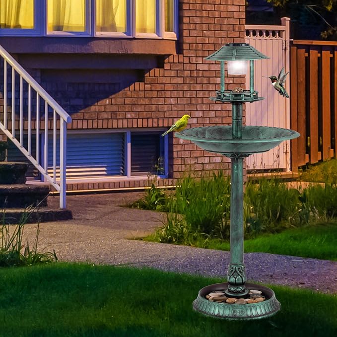 LDAILY Outdoor Bird Bath, 42’’ Solar Lighted Pedestal Birdbaths with Birds Feeder ,20’’ Water Bowl, Flower Planters and 3 Stakes, Attract Birds Antique Bird Bath for Outside Garden, Yard (Green, 42‘’)