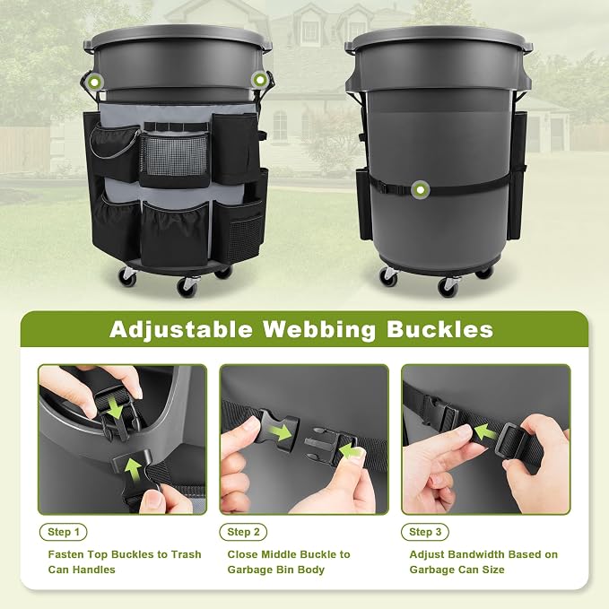 HODRANT 32-55 Gallon Trash Can Caddy Bag with Multi Pockets for Clean Tools | Garbage Bin Apron Caddy, Cleaning Tool Organizer with Adjustable Buckle for Janitorial Trash Can, Black+Gray