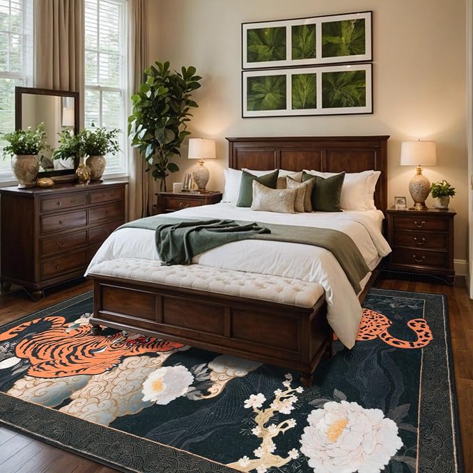 Tiger 8x10 ft Area Rug, Japanese Washable Rugs for Living Room, Large Soft Non Slip Ultra Thin Stain Resistant Floor Carpet for Home Office Bedroom, Black