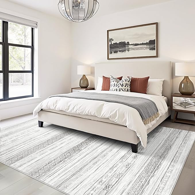 Boraya Area Rugs for Living Room: 8x10 Washable Boho Rug for Bedroom Large Neutral Bohemian Moroccan Farmhouse Geometric Dining Room Rugs Ultra Soft Floor Carpet Indoor for Home Office - Grey Ivory