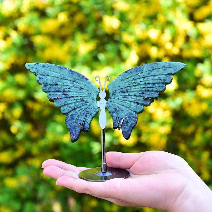 JIC Gem Natural Ruby Zoisite Quartz Crystals Butterfly Figurine Decorative Rocks Stones Healing Crystal Carved Angel Wings with Display Decor Reiki Gifts (1pair, 10cm)