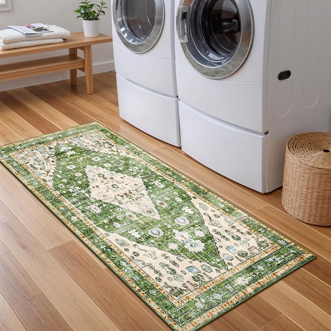Lahome Felice Boho Tribal Runner Rug - 2x4.3 Green Bohemian Kitchen Runners Small Bedroom Rugs, Distressed Soft Washable Non Slip Throw Carpet Runner for Door Mat Laundry Room Bathroom Office Decor