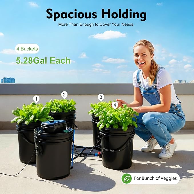 DWC Hydroponics Grow System 5.28 Gallon Deep Water Culture Kit with 12W 110V Air Pump, Five 12inch Buckets & Air Stones for Indoor Gardening Vegetables Herbs (5 Buckets+5.28Gal)