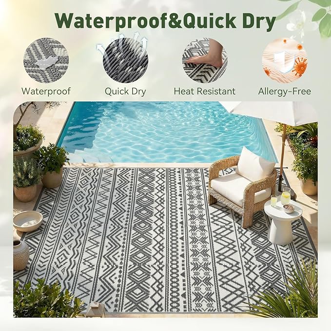 MontVoo Outdoor Rug 8x10 Waterproof Outdoor Patio Rug Mat Reverisble Plastic Straw Outdoor Rug for RV Camping Picnic Beach Balcony Boho Grey