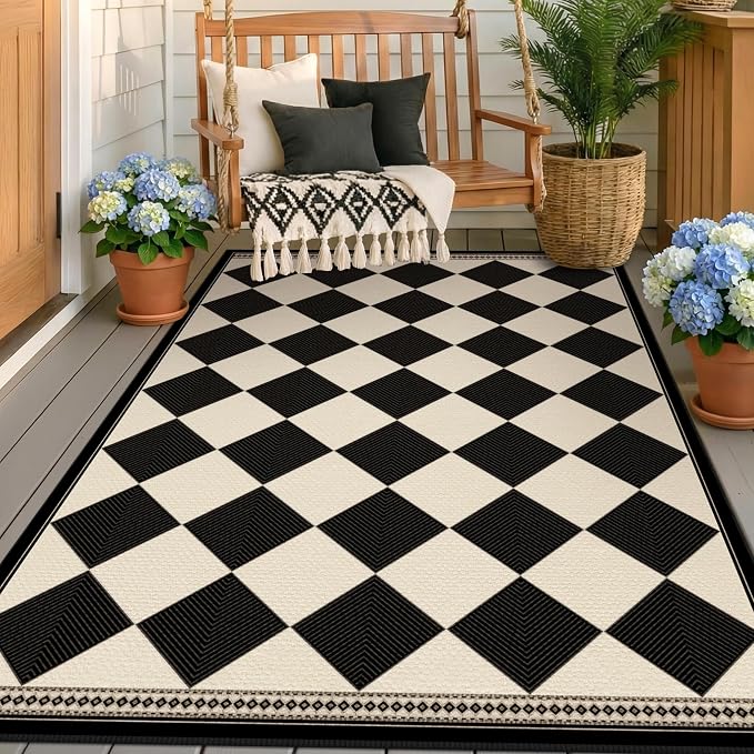 Black and White Diamond 4x6 Easy Jute Area Rug for Porch Patio, Washable Checkered Outdoor Indoor Doormat, Non-Slip Low-Pile Geometric Front Porch Rug, Farmhouse Boho Entryway Carpet for Kitchen