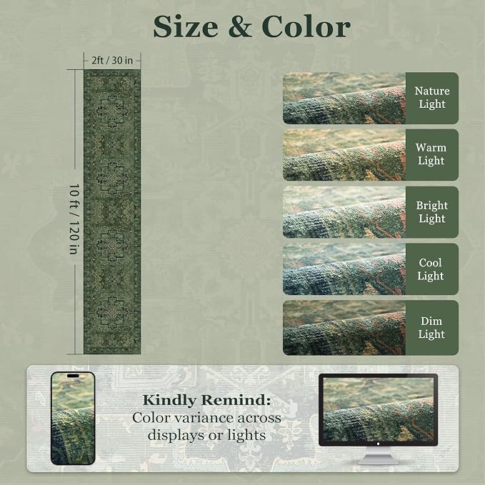 Dark Green Runner Rug 2x10 for Hallways, Retro Distressed Moody Medallion Long Carpet Runner for Entryway Mudroom, Low Pile Thin Soft Kitchen Bathroom Runner Rug Non Slip Washable