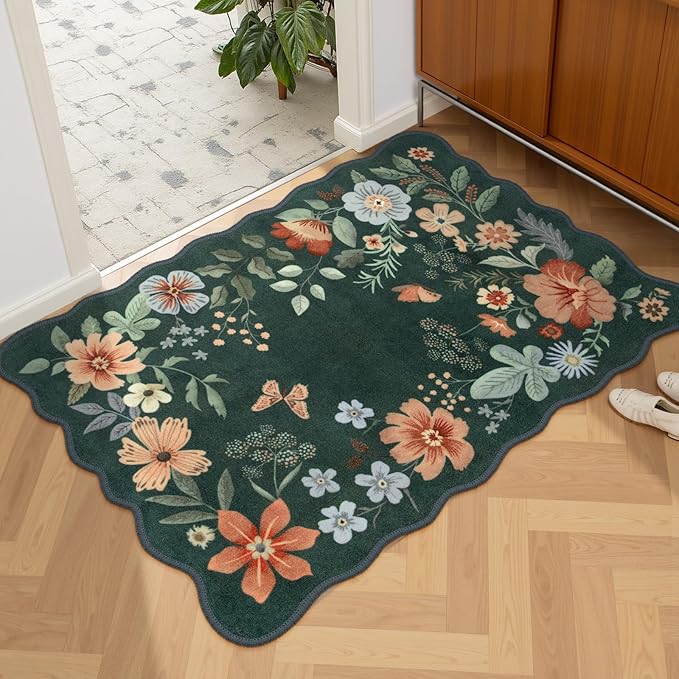 Lahome Floral Green Rugs for Entryway, 2X3 Washable Kitchen Rugs Non Slip | Soft Rug Ultra-Thin Indoor Door Mat Boho Small Throw Carpet for Bathroom Bedroom Flore (2x3ft, Dark Green)