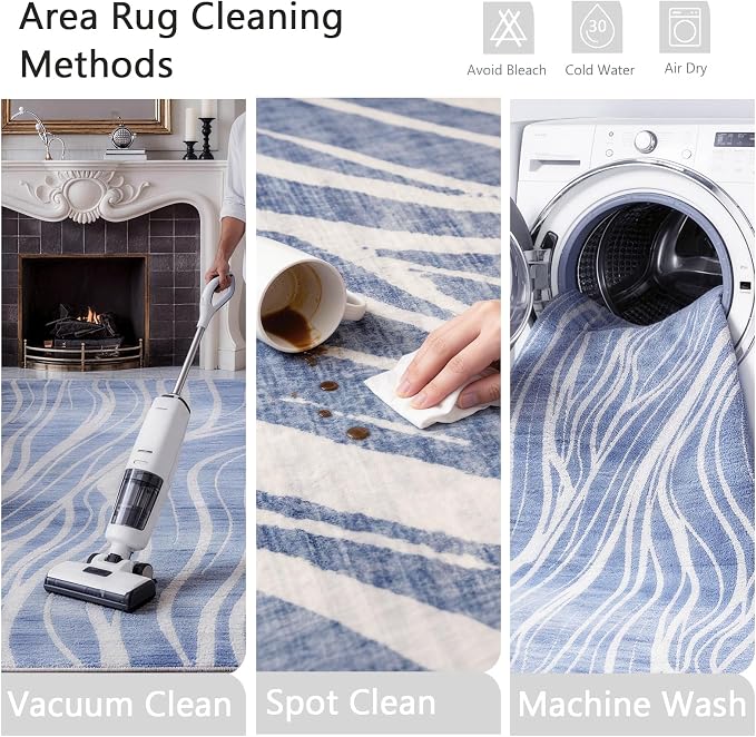 Decorative Washable Area Rug 8'x10', Soft Large Rug for Living Room and Bedroom, Blue Waves Pattern